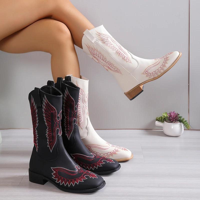 2024 Vente Chaude Chaussures pour Femmes Manchon Bottes d'Hiver pour Femmes Bout Carré Couleurs Mélangées Mi-Tige Racine Carrée Grande Taille Bottes de Mode