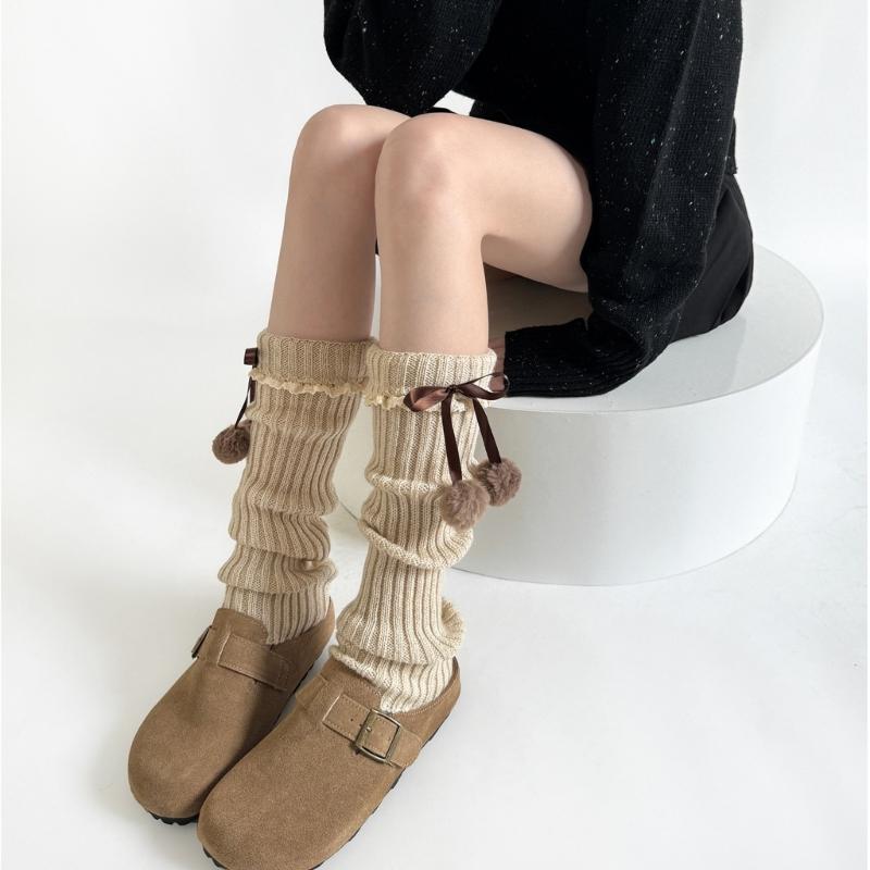 Fashionable Plush Balls Bows Adorned Leg Warmers with Lace Details for Women's Knitted Turn Cuffs Leg Covers Sleeves