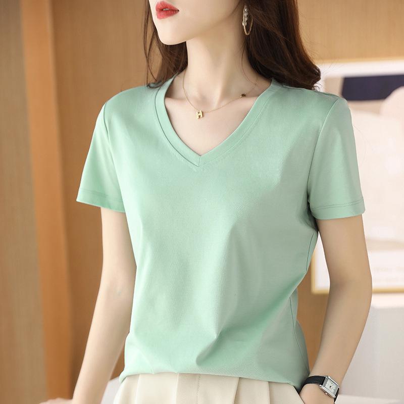 Women's V-Neck Mercerized Cotton Short-Sleeve T-Shirt - 2025 Summer Collection, Sweetheart Neckline