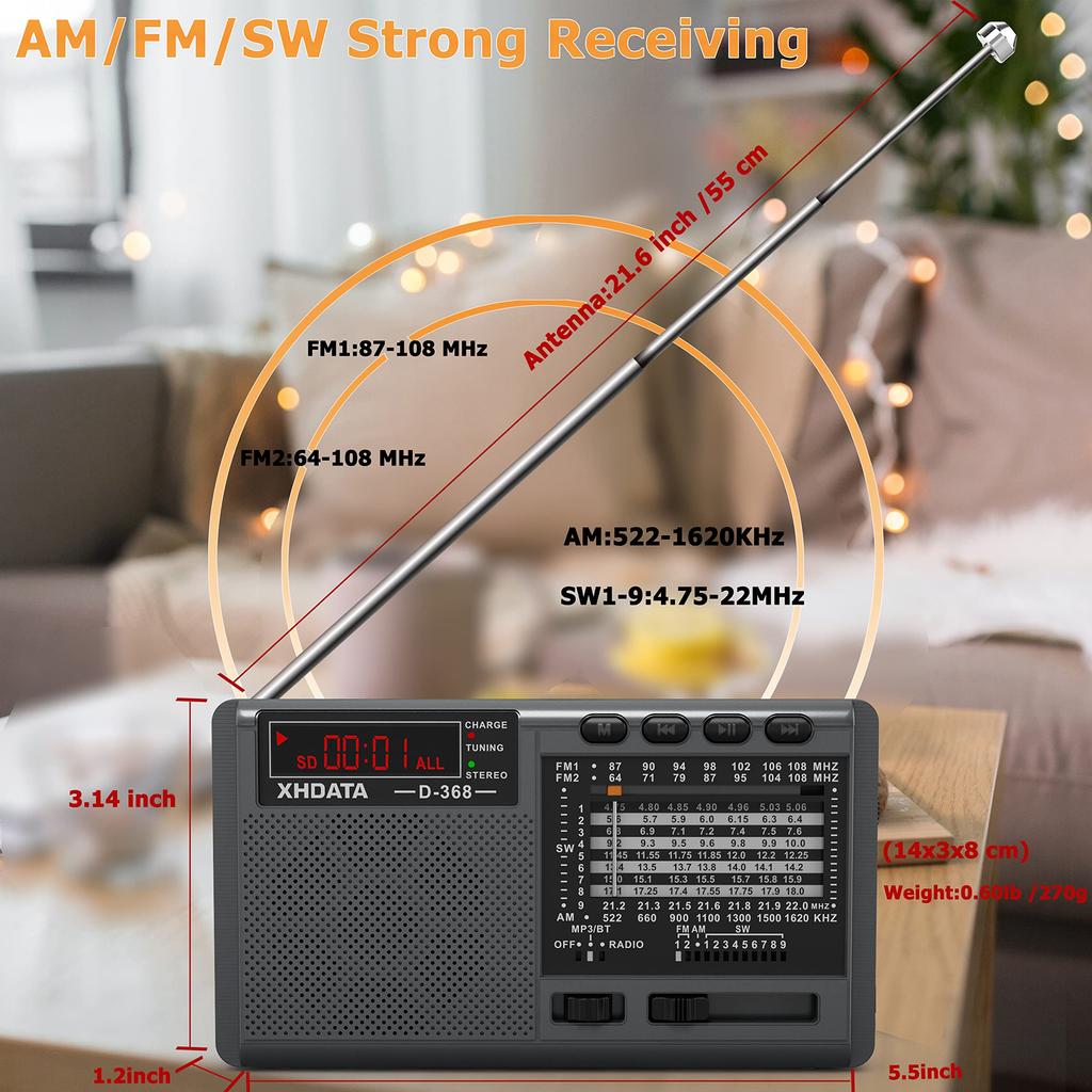XHDATA D368 Portable Shortwave Radio, FM AM SW 12-Band DSP Stereo Radio with MP3 Player, Wireless, High-Sensitivity Reception Support, Micro SD Card