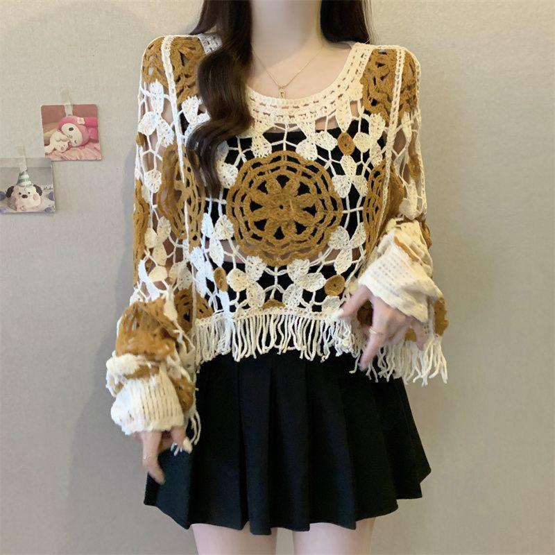 Fall New Arrival Plus Size Women's Crochet Cut Out Long Sleeves Knitwear Slim Fit Slimming Unique Stylish Tassel Tops