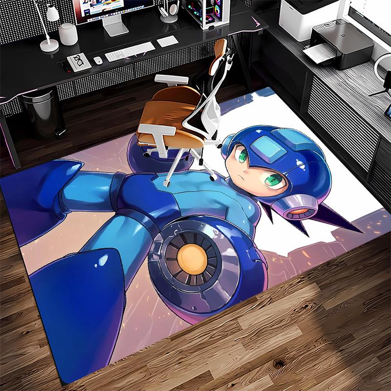 1pc Cartoon Rockman Game Megaman Print Area Rug - Soft, Washable Non-Slip Indoor Mat for Office Chairs, Living Room, Home Office Decorative Rug