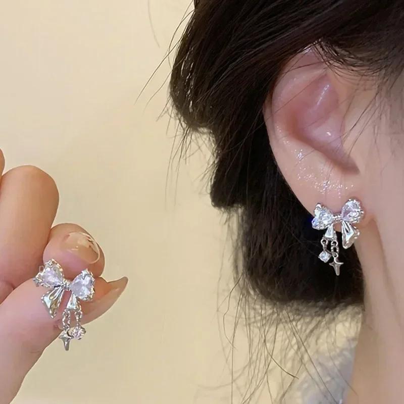 Korean Bows Zircon Stud Earrings for Women Trendy Cute Pink Crystal Earrings Y2k Bowknot Earring Girl Party Jewelry Gifts