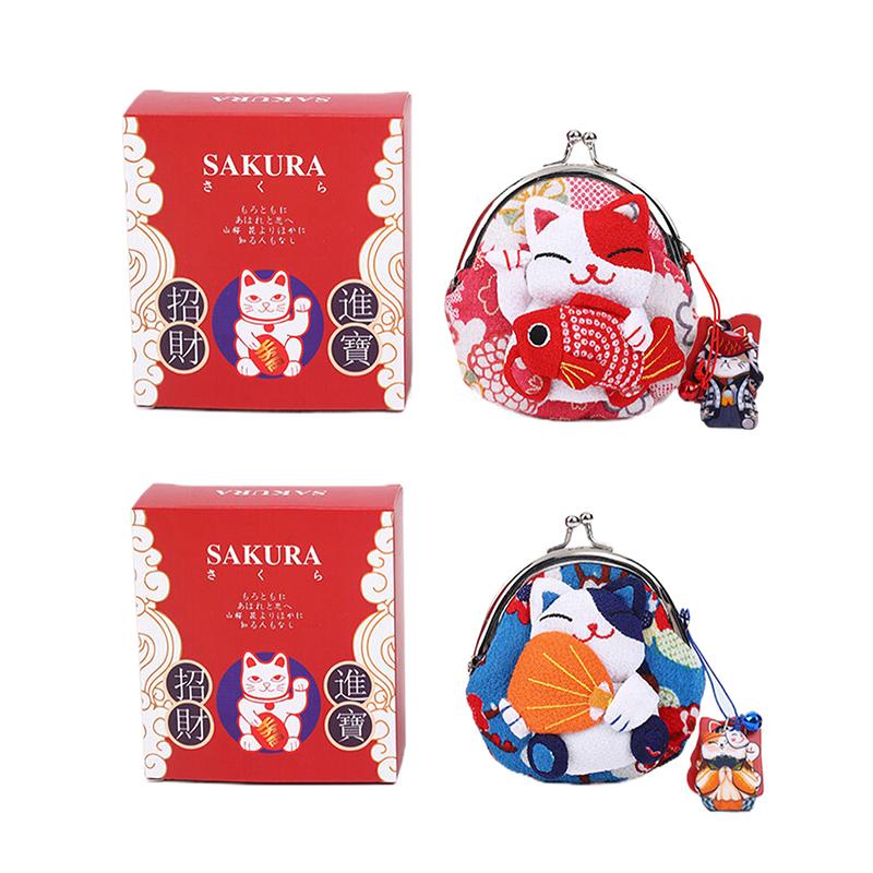 Casual Japanese Style Maneki Neko Coin Purse Doll Wallets Lucky Cat Clutch Bag Flower Printing PU Card Holder Outdoor