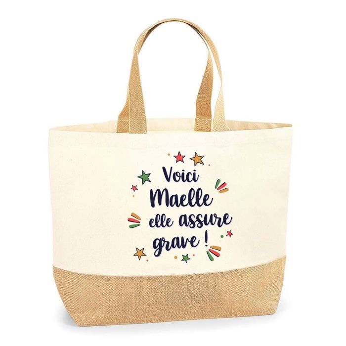 Tote bag en jute - PLANETEE - Maelle elle assure grave ! - Jute naturel - Imprimé texte personnalisé - Fabriqué en France