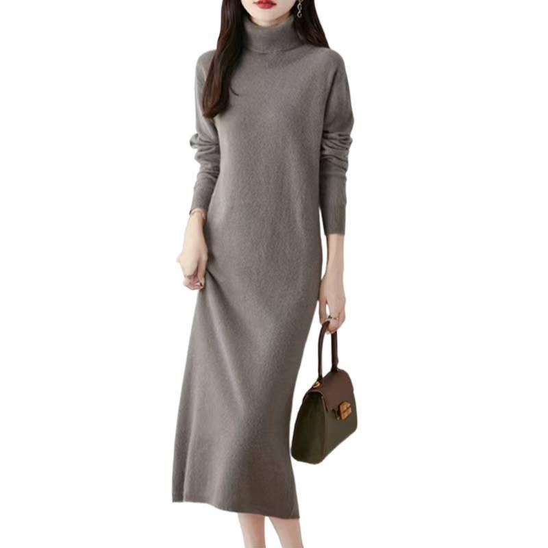 Dámské přeshraniční pletené šaty z čisté vlny s vysokým výstřihem: Zeštíhlující, Volný střih, Nad koleno, Střední délka.