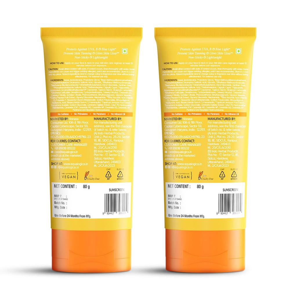 Aqualogica Glow+ Feuchtigkeitsspendendes Sonnencreme LSF 50 PA++++ für Gesicht & Körper mit UV-Blaulichtschutz, 80g x 2