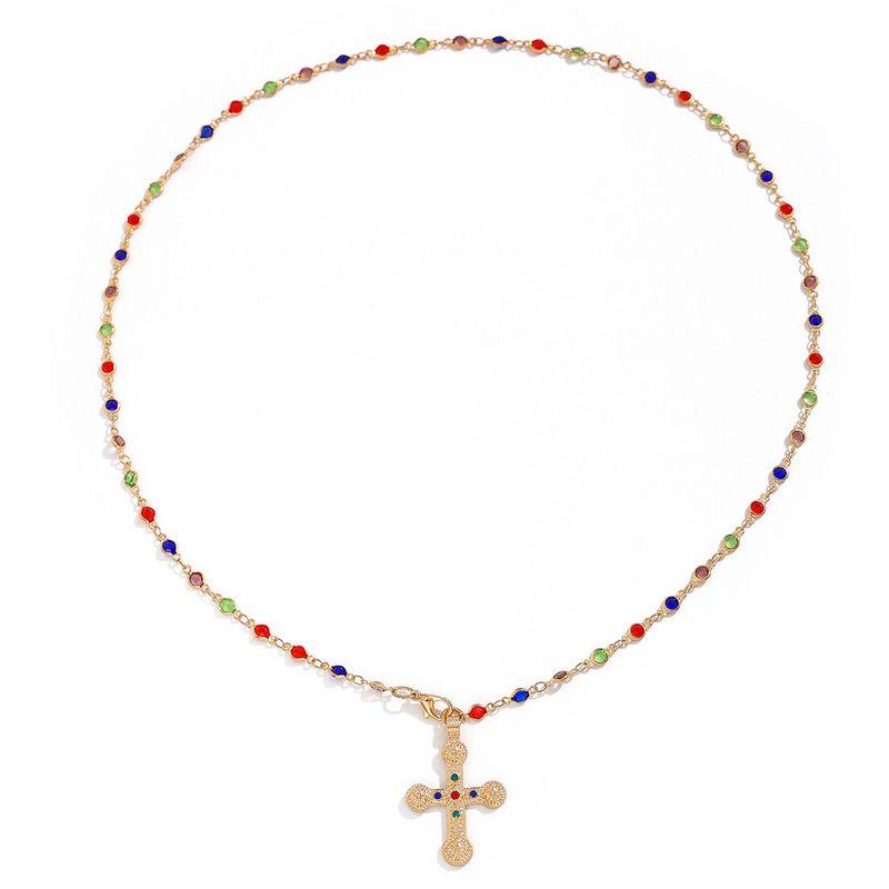 Men s and Women s Fashion Cross Crystal Trip Shoot Necklace Colored Crystal, Gold Finish