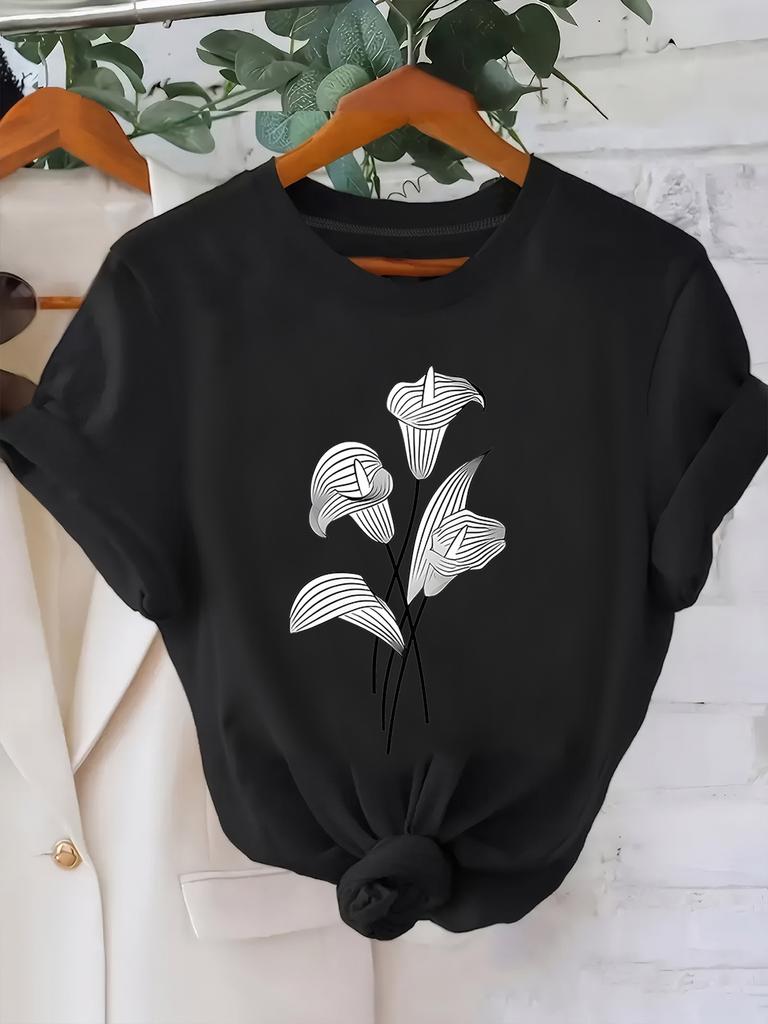 casual short sleeved T-shirt with artistic floral print in white and black minimalist design daily elegant style Fashionable