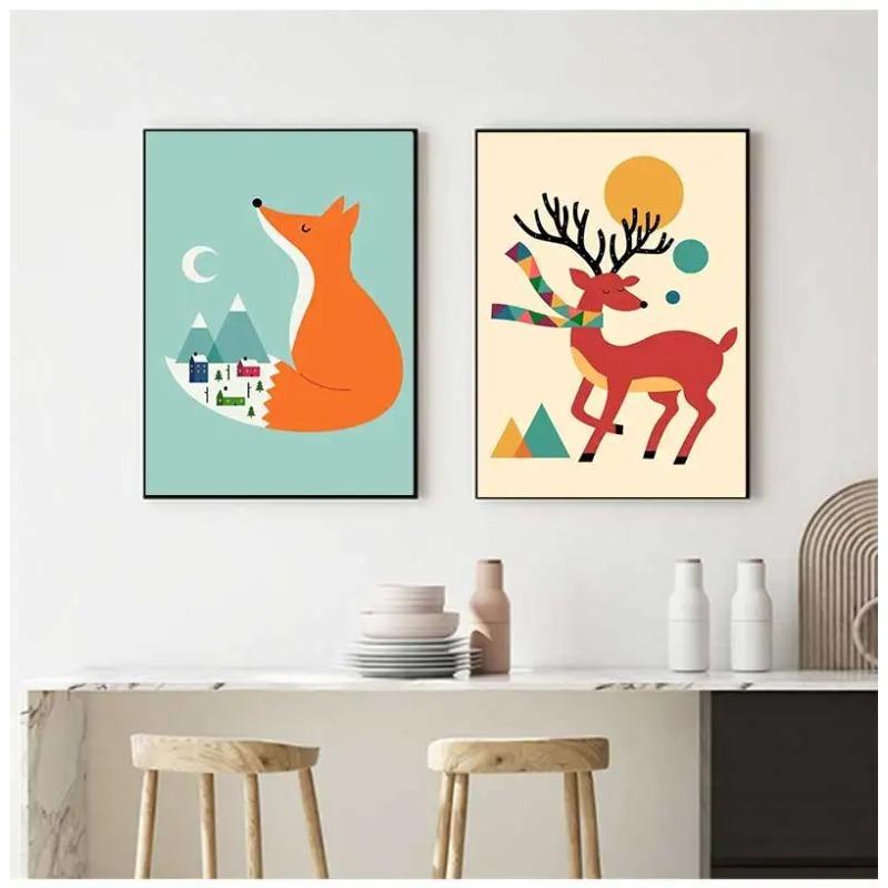 Canvas Painting Nordic Child Poster Fox Elk Raccoon Koala Cartoon Animal Print Modular Wall Art Pictures for Kids Room Decor