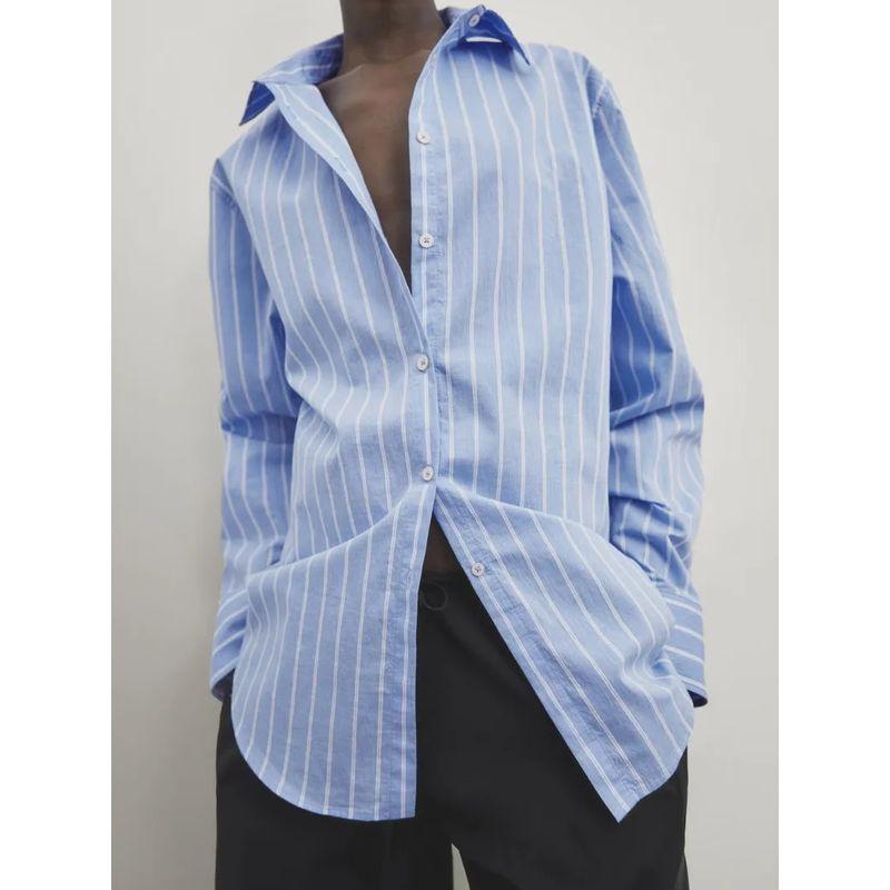 MD Spring/Summer New French Style Commute Style Casual Elegant All-Match Blue Vertical Stripes Long Sleeves Shirt 5126710