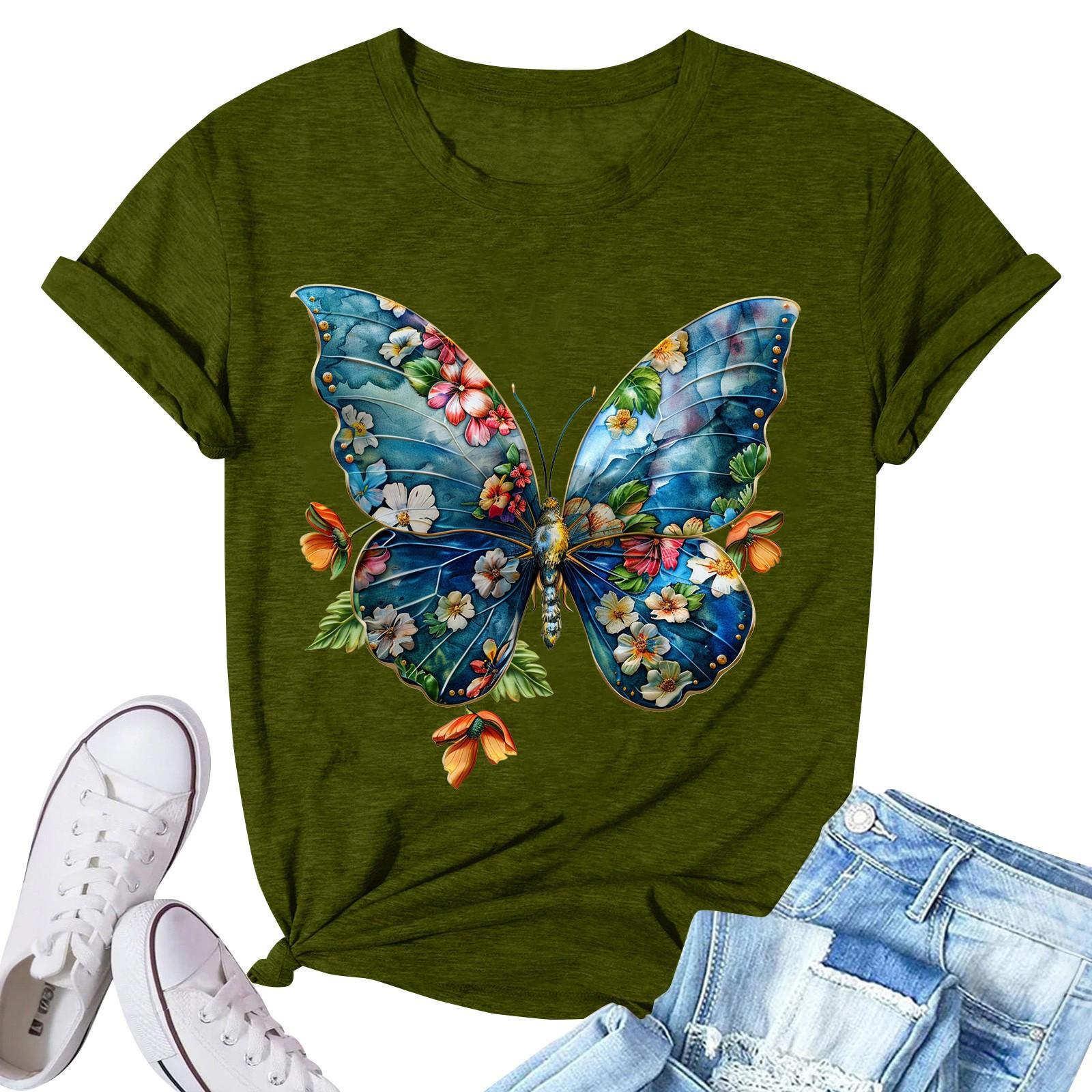 Women s Fashion Printed Casual Pleated Round Short Sleeve T-Shirt Top L