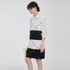 ELLE Chic Color-Blocked Striped V-Neck Long Sleeve Dress Women dresses Black White EL50698