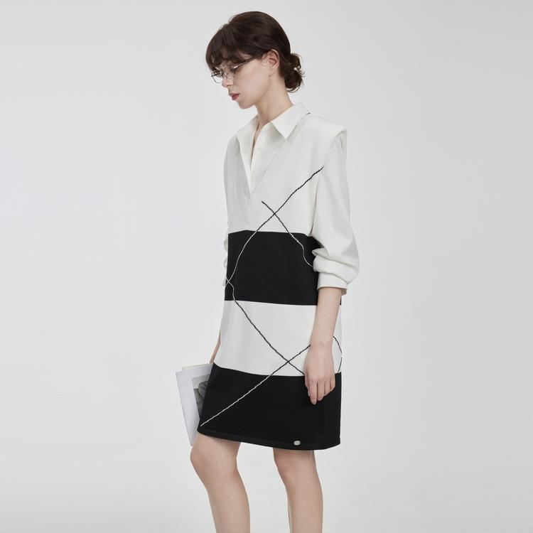 ELLE Chic Color-Blocked Striped V-Neck Long Sleeve Dress Women dresses Black White EL50698