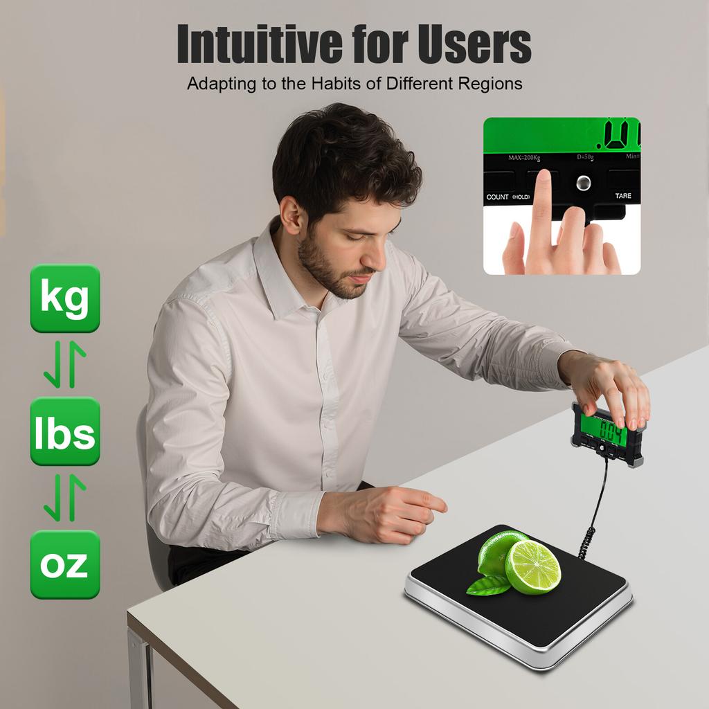 Digital Postal Scale 200kg/440lb, High Precision Shipping Scale with Hold/Tare, LCD Display, USB/Battery for Warehouse Business