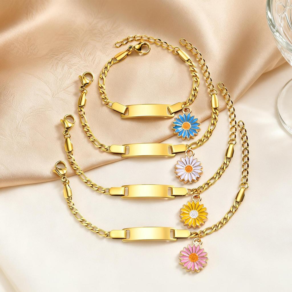 Engravable, Dripping Flower Stainless Steel Blank Curved Plate Three To One Nk Chain Children'S Bracelet, Jewelry 798