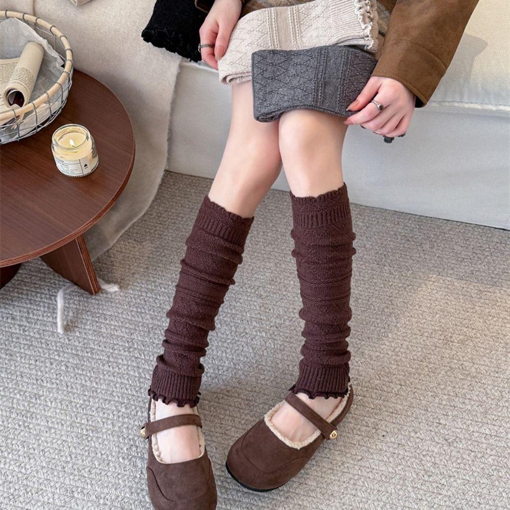 New Snowflake Leg Warmers Knitted Solid Color Lolita Long Socks Lace Keep Warm Mid-Calf Sock Winter