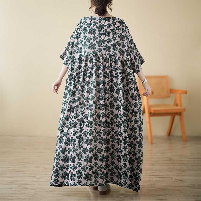 Summer Crew Neck with Rotator Sleeves Loose Swing Dress Women's Large Size Bohemian Casual Vacation Dress