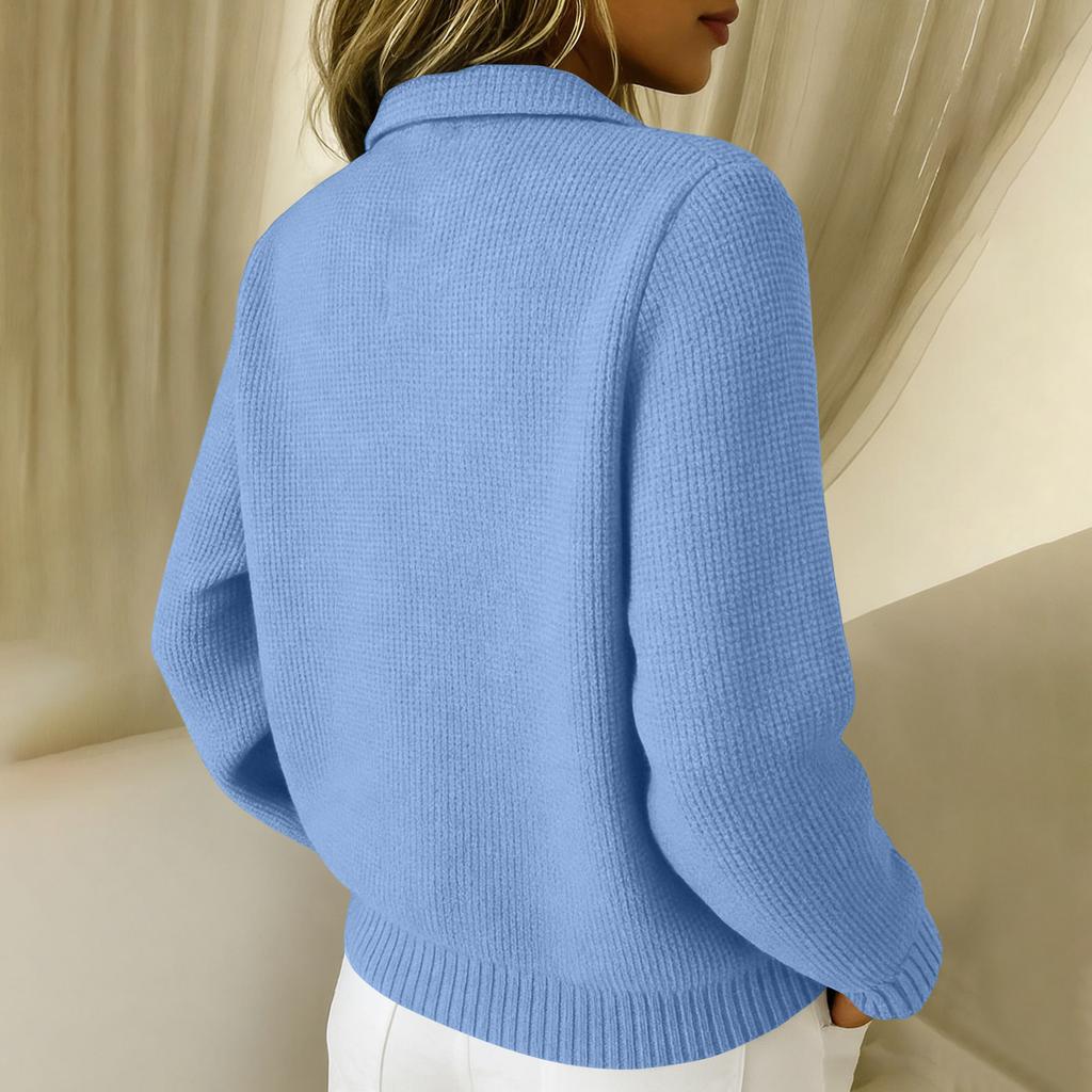 Women's Casual And Fashionable Knitted Collared Solid Color Cardigan