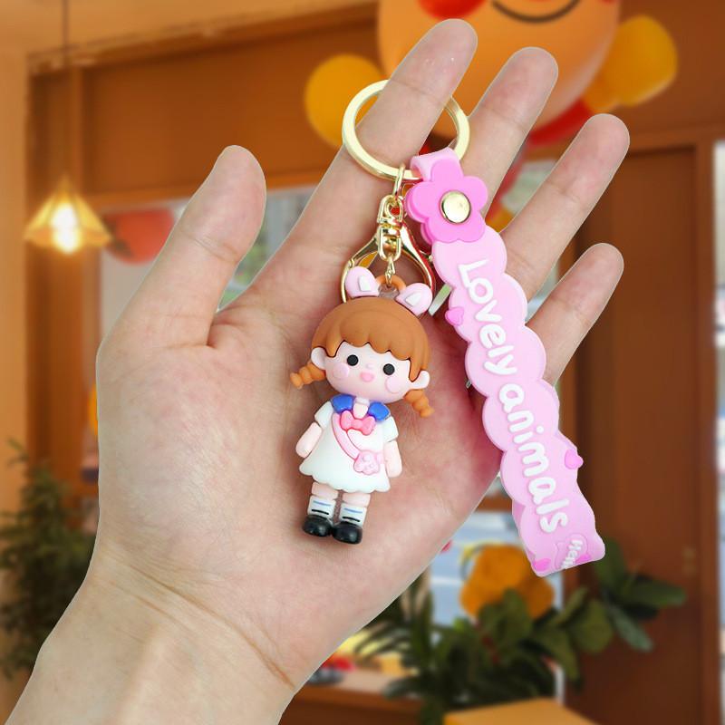Charming Braided Girl Keychain Boy Girl Figurine Couple Creative Cartoon Rubber Key Ring Bag Charm