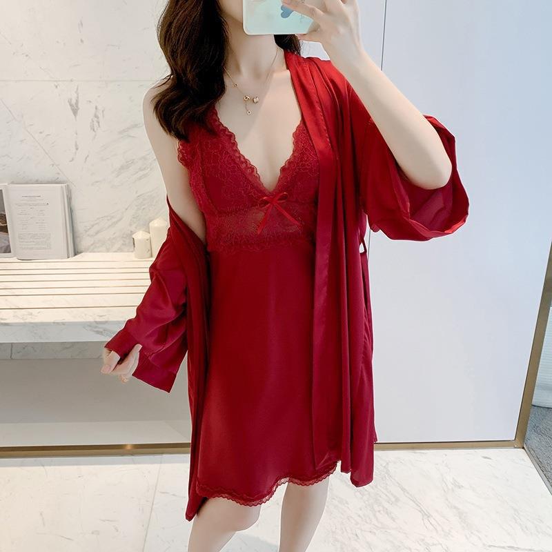 Pajamas women's spring and summer ice silk thin suspender medium and long nightdress sexy lace nightgown loungewear set