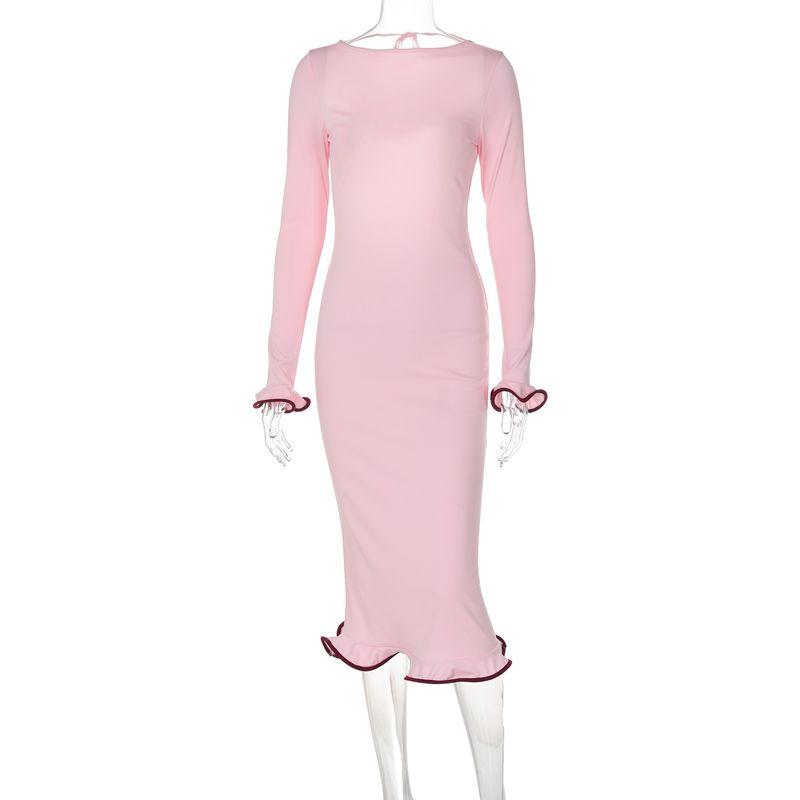 

Shemoda Fashion Style round Neck Petals Long Sleeves Dress Women s Sexy Open Back Lace High Waist Silm Long Skirt Pink M