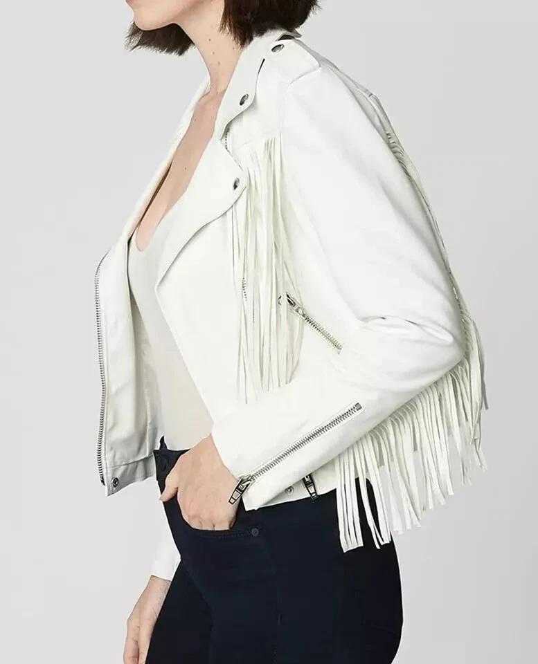WHITE New Women's SheepSkin Leather Jacket Western Style Handmade Fringe Jacket