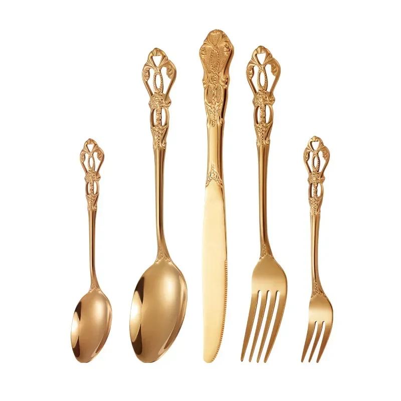 European Style Stainless Steel 4pcs Dinnerware Set - Retro Hollow Design Gold Spoon, Fork and Royal Steak Knife for Home Decor