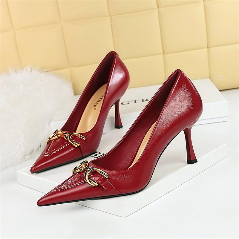 Women High Heel Stiletto Shallow Mouth Pointed Toe Wine Red Office Comfort Metal Chain Leather Wedding Prom  Party Shoes