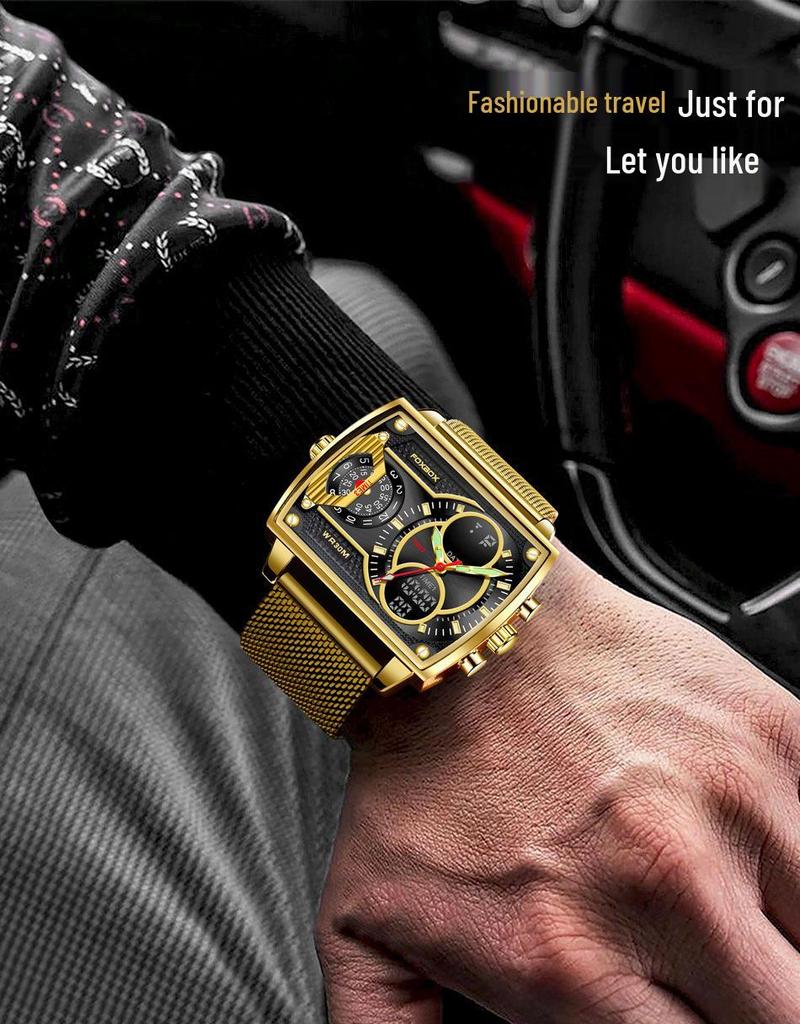 Men's Fashionable Square Dual Display Quartz Watch for Students with Large Dial