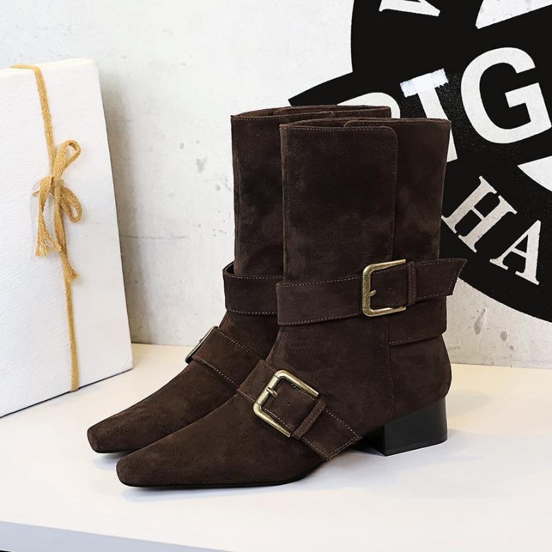 Retro Suede Women'S Boots Fashion Pointed Thick Heel Knight Boots For Women Designer Belt Buckle Women'S Shoes Botas Para Mujer