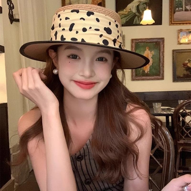 Polka Dot Flat Top Straw Hat Women's Summer Seaside Vacation Beach Hat Sunshade Sunscreen Elegant Top Hat Sun Hat
