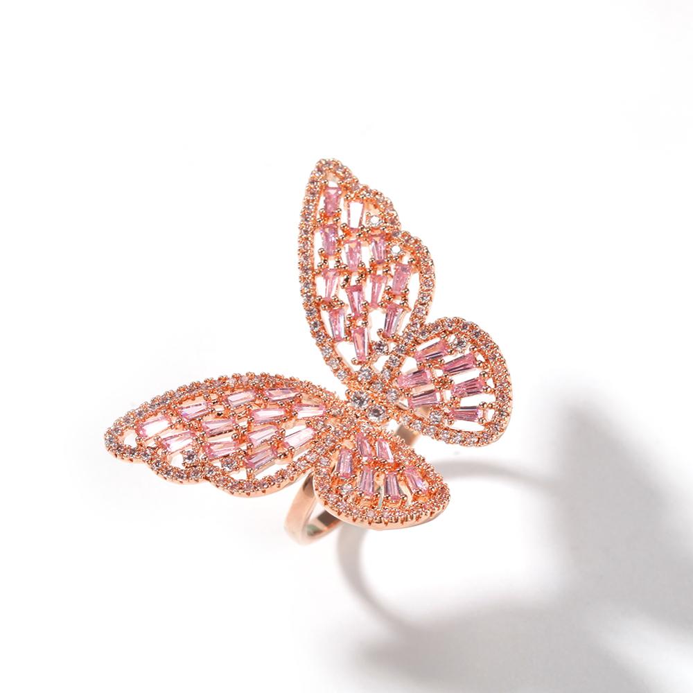 Hip Hop Pink Butterfly Ring Cubic Zirconia Gold Plating Baguette CZ Toe Finger Ring Women Rapper Bling Bling Jewelry