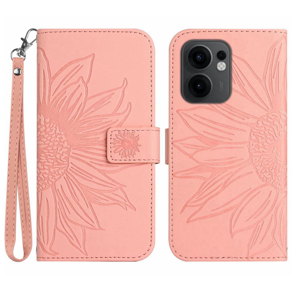 For Oppo Reno13 F 5G/4G Case Sunflower Imprint Leather Wallet Phone Cover with Wrist Strap