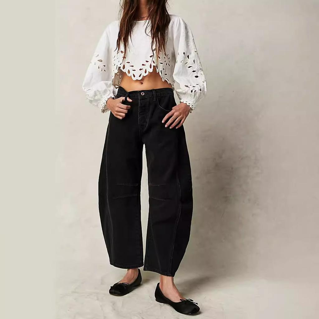 Washed Jeans Women Wide Leg Pants Denim High Waist Vintage Pockets Solid Basics Loose Fit Ankle Length Trousers