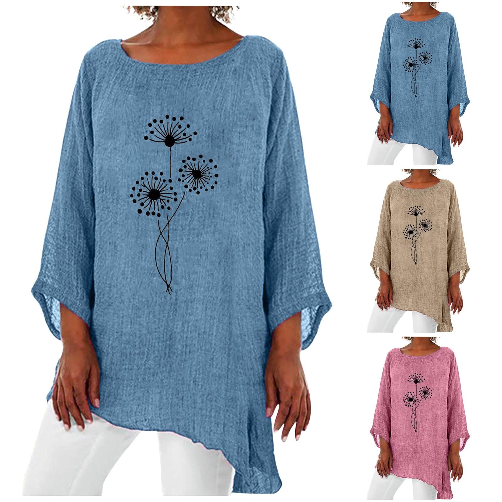 

Женский повседневный свободный топ с круглым вырезом и принтом из хлопка и льна с длинными рукавами