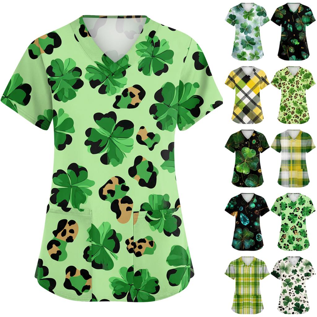 Damen St. Patrick Print Modischer V-Ausschnitt Tasche Kurzarm Uniform und Pflegeoberteil