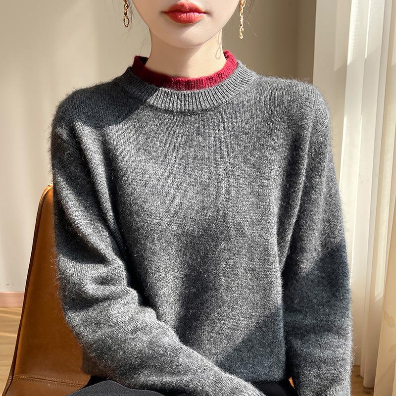 Women's 100% Pure Wool Cashmere Sweater - New Autumn/Winter Color Block Knit Base Layer