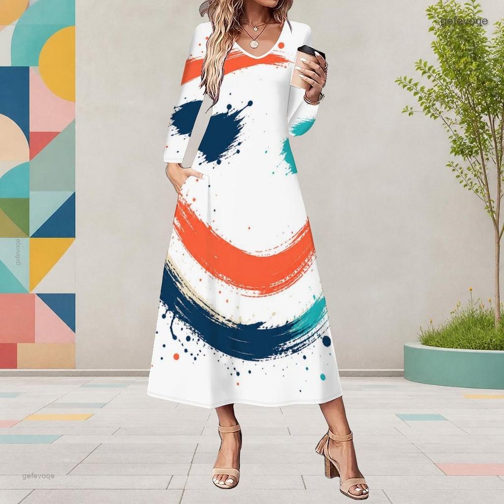 Women Plus Size V Neck Long Sleeve White Blue Printed A Line Midi Dress With Pockets