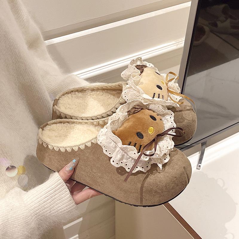 Suede Cute Cartoon Girl Flat-bottomed Slippers Summer and Autumn Kitten Casual Thick-soled One-pedal Bag Head Slippers Tide