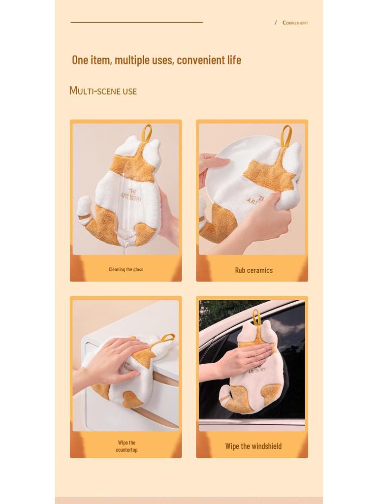 Cute Children's Coral Fleece Cat Hand Towel - Strong Absorption, Thickened Hanging Washcloth for Kitchen