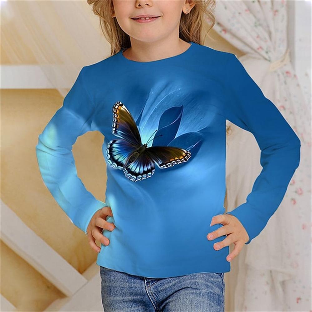 Children's Butterfly Pattern 3D Digital Printing Girl's Casual and Comfortable Round Neck Long Sleeve T-shirt