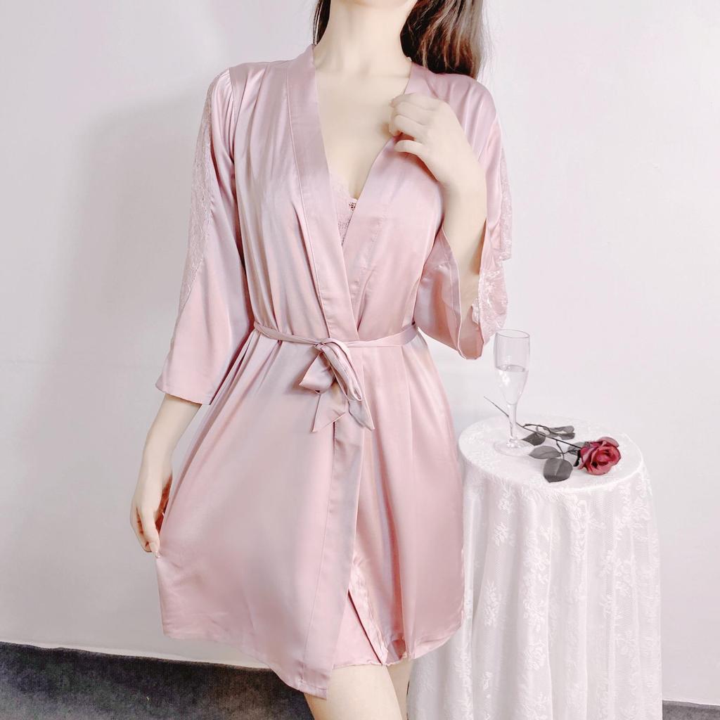 Pajamas Women's Spring and Autumn Sexy Ice Ribbon Chest Pad Pajama Two-piece Set Lace Satin Silk Suspender Pajama Summer Thin