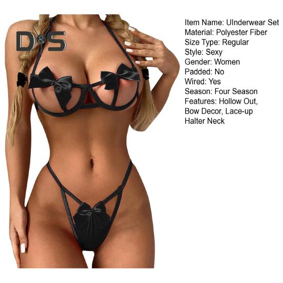 2 Pcs/Set Women Underwear Set Bow Decor Hollow Out Three-point Lace-up Halter Neck Honeymoon Bedroom Bra G-string Set High Waist Revealing Thong