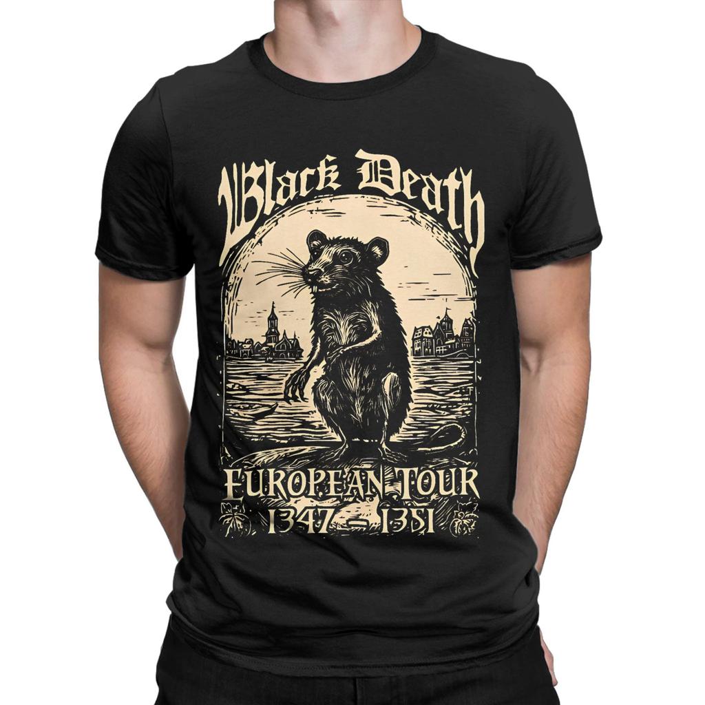 Bubonic World Tour T Shirts Men's Cotton Funny T-Shirt Round Collar Black Death European Tour Tees Short Sleeve Clothing