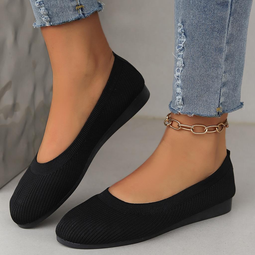 Women Round Toe Flat Shoes Solid Color Knitted Slip On Shoes Casual Breathable Ballet Flats Sneakers Women Mesh Flat Loafers