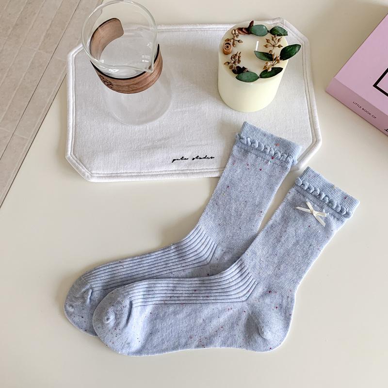 

5pair Spring And Summer Socks Women S Lace Bow Girl Wind Stacking Socks Mesh Thin Idea Yarn Women S Socks Long One size fits all светло-синий