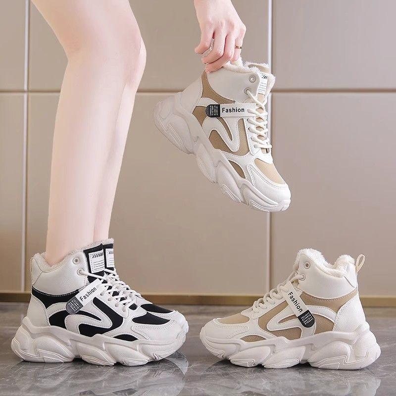 2025 Winter New Velvet Thickened Warm High-top Cotton Shoes Women's Big Cotton Explosion Little White Sports Dad Shoes