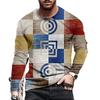 Retro Men Round Neck Long Sleeved Variegated T-shirt Color Block 3D Print T-shirts Spring Autumn Loose Casual Top Men's Clothing