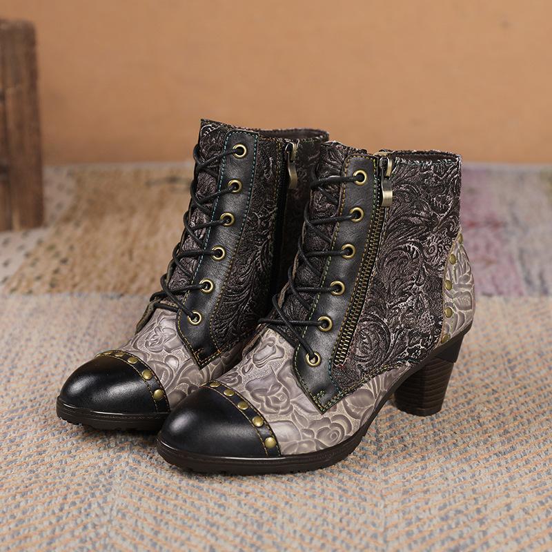 Johnature Vintage Floral Genuine Leather Patchwork Rivet Handmade High-heeled Women's Short Boots